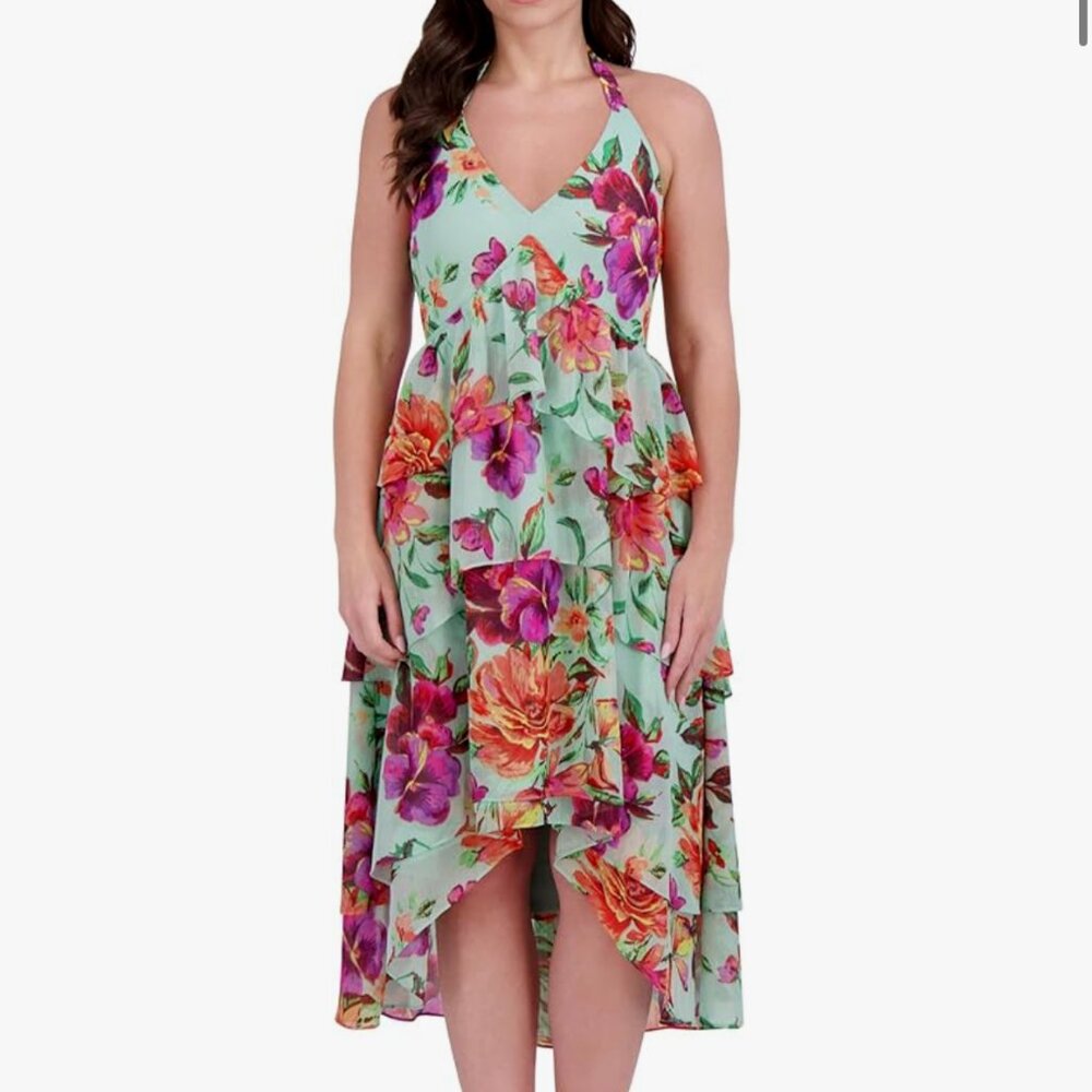 ✨ NWT Floral Tiered High-Low Maxi Dress | Mint Green Ruffle Halter Wedding Guest